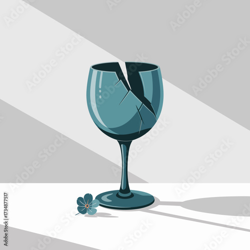 This artistic piece portrays a cracked glass with a flower beside it, symbolizing fragility and resilience while exploring themes of beauty and loss in everyday life.