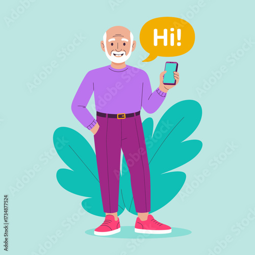 An elderly man smiles warmly while holding a smartphone and greeting with a cheerful 'Hi!', showcasing the blend of modern technology and happiness in daily life.