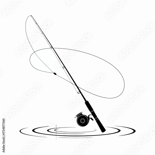 This artistic representation shows a fishing rod poised over water, creating ripples and evoking a sense of calmness and patience related to fishing.