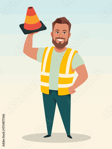 A smiling construction worker in a safety vest is holding a traffic cone, emphasizing safety in construction and roadway management with a positive outlook.