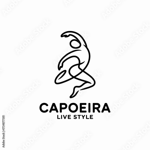 This minimalist logo captures the essence of capoeira with a fluid human figure in motion, symbolizing the vibrant culture and lifestyle associated with this Brazilian martial art.