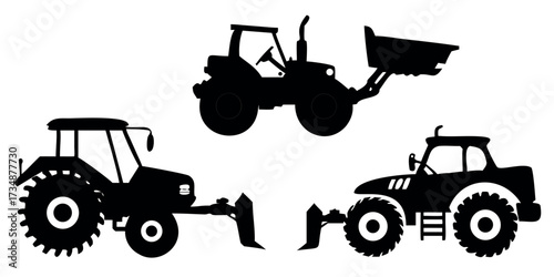 Vector Silhouette Set of Farming Vehicles Tractor Harvester and Ploughing Machine