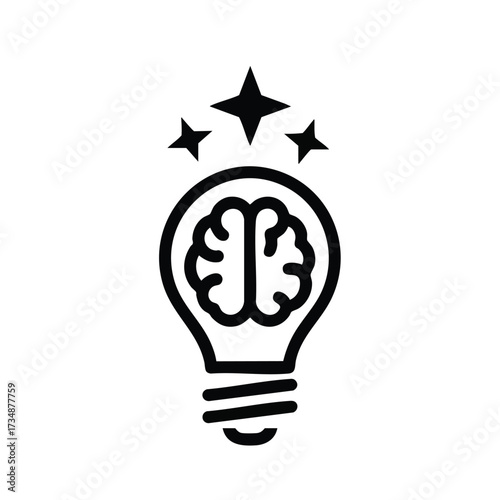 Creative concept of a brain integrated within a lightbulb symbolizing innovation, ideas, and intellectual brilliance with stars above