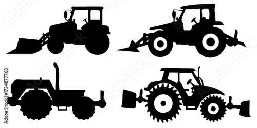 Vector Silhouette Set of Farming Vehicles Tractor Harvester and Ploughing Machine