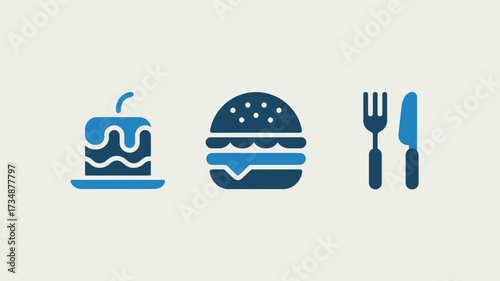 Set of food icons cake burger and cutlery simple flat vector design element for web and mobile apps isolated on white background