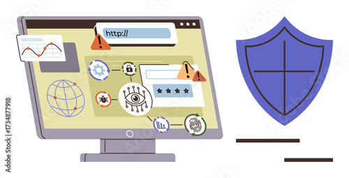Computer monitor displaying threats thumbs up malware icons, password warnings, and phishing alerts next to a protective shield. Ideal for cybersecurity, data protection, internet safety, online
