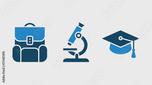Set of education icons featuring a backpack microscope and graduation cap vector illustration for school and learning concepts