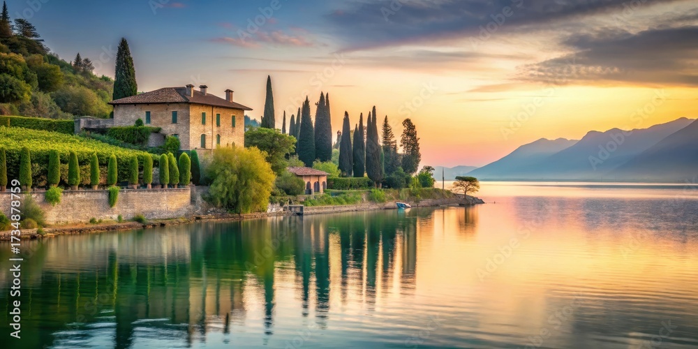 Fototapeta premium A serene lake at sunset with a stone villa in the background on Lake Garda surrounded by lush greenery and vineyards, Sunset, Northern Italy