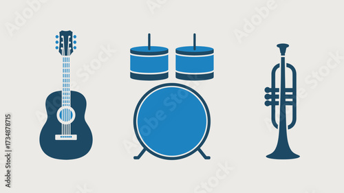 Set of musical instrument icons including guitar drums and trumpet simple flat vector design element for music apps and websites isolated on white background