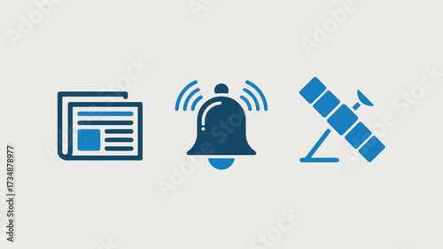Set of blue notification icons including news alert and satellite symbols simple vector glyphs for app and web design