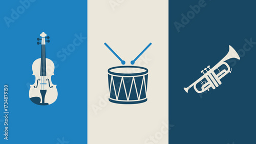 Set of musical instrument icons including a violin drum and trumpet flat vector design for music education and performance applications