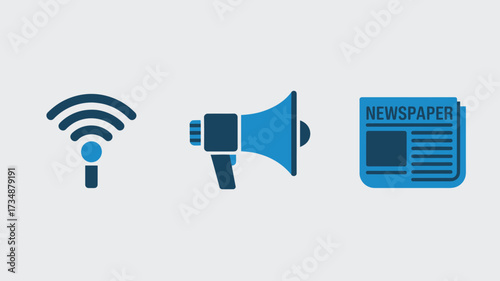 Communication icon set featuring wifi megaphone and newspaper flat vector illustration for web design and infographics