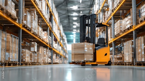 High quality image of forklift carrying a pallet of boxes in a warehouse with shelves full of boxes.