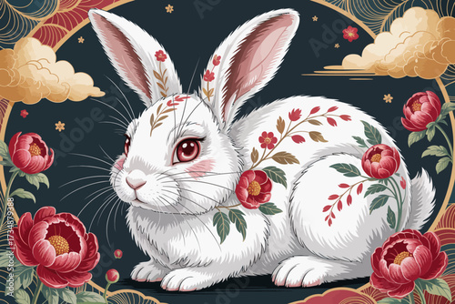 A beautifully illustrated white rabbit adorned with vibrant floral patterns, symbolizing nature's beauty, innocence, and charm in a whimsical and artistic setting.