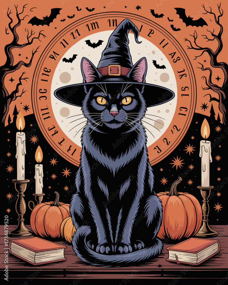 Fototapeta premium This enchanting artwork features a sleek black cat wearing a witch's hat surrounded by candles and pumpkins, symbolizing mystery and the magic of the Halloween season.