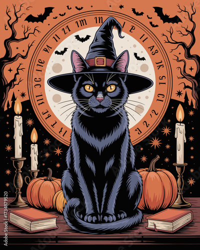 This enchanting artwork features a sleek black cat wearing a witch's hat surrounded by candles and pumpkins, symbolizing mystery and the magic of the Halloween season.