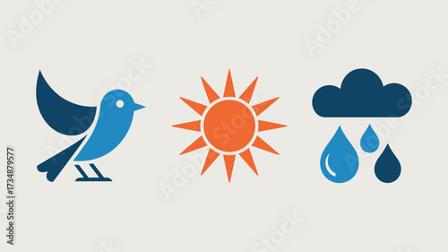 Weather icon set with bird sun and rain cloud flat vector design for weather forecast app design and infographic use