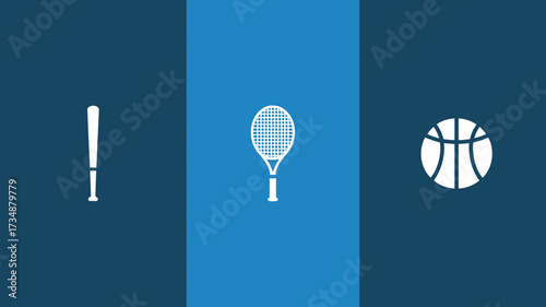 Minimalist sport equipment icons including baseball bat tennis racket and basketball simple flat vector design element for web and mobile apps