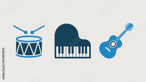 Musical instrument icons including a drum piano and guitar simple vector glyphs for music education and performance