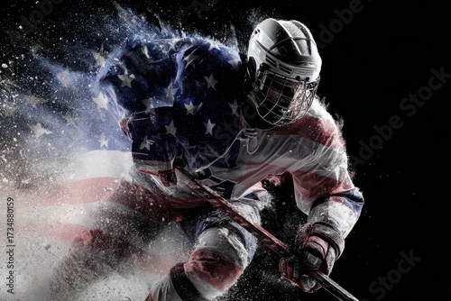 Dynamic ice hockey player in action with USA flag influence blending into the scene, showcasing pride and skill in the sport