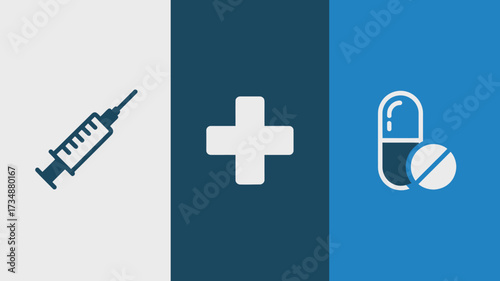 Medical icon set with a syringe plus sign and pills simple flat vector glyphs for healthcare and pharmaceutical design isolated on white and blue backgrounds