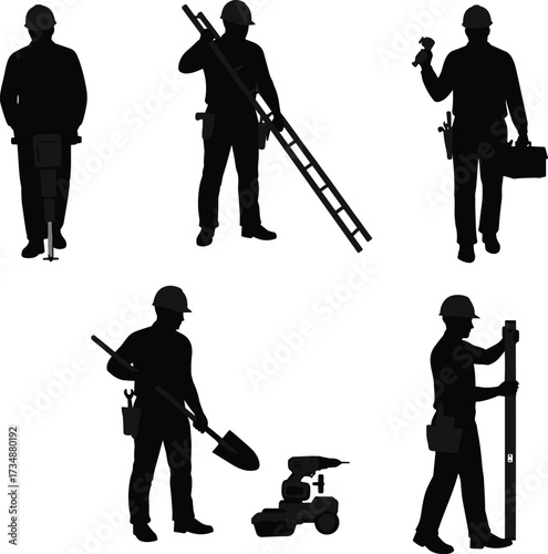 Construction worker silhouettes, building tools, jackhammer, ladder, drill, toolbox, shovel, leveling tool, manual labor, industry, repair, installation, excavation