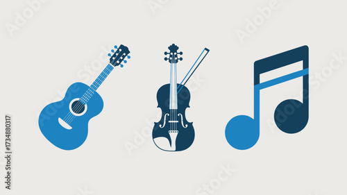 Musical instrument icons including a guitar violin and music note simple flat vector design for music education and performance promotion