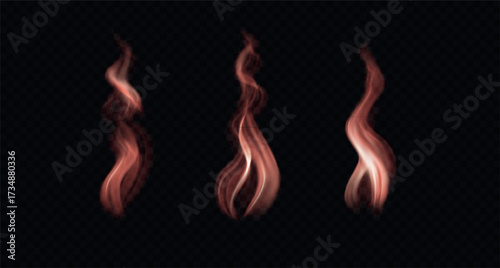 Magic, colorful smoke. Vector realistic steam effect. Set of red and orange wavy fog isolated on dark transparent background