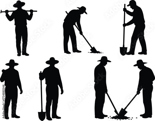Worker silhouettes, shoveling poses, manual labor, construction work, agriculture, teamwork, digging action, outdoor job, physical work, industry, occupation, posture