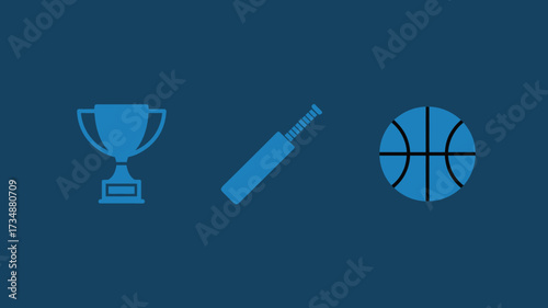 Sports icon set featuring a trophy cricket bat and basketball simple vector glyphs for app and web design