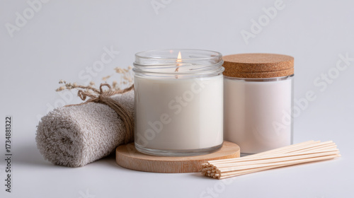 Make a DIY candle using eco-soy wax on a white table.