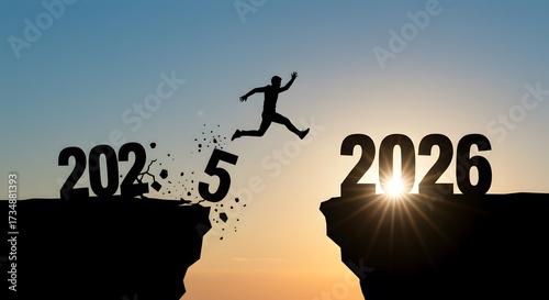 Welcome merry Christmas and happy new year in 2026,Silhouette Man jumping from 2025 cliff to 2026 cliff with cloud blue sky and sunlight.