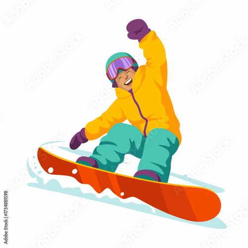 A cheerful snowboarder is captured mid-action while riding down a snowy slope, expressing thrill and joy in winter sports amidst a picturesque snowy landscape.