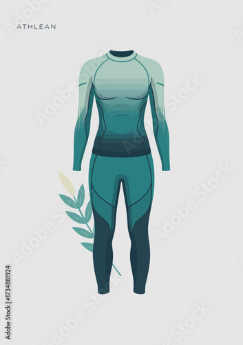 An artistically designed surf suit depicted in shades of teal, showcasing modern athletic wear suitable for surfing and water sports, emphasizing fashion and functionality.