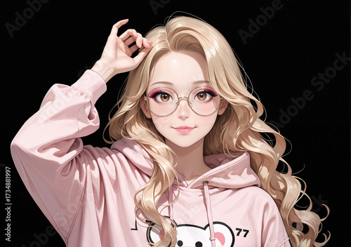 Japanese anime-style woman with detailed eyes and flowing blonde hair against a solid black background.