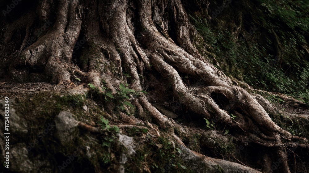 Obraz premium Large tree roots emerging from earth