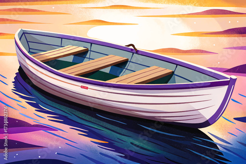 Light gray rowboat resting peacefully on a calm river surface, highlighting its sleek design and simple elegance, illustrated in detailed professional vector style