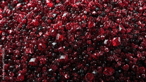 Close up view of bright red crystalline structures with detailed texture