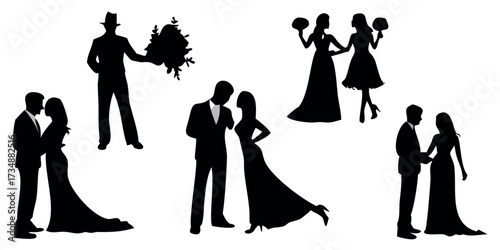 Vector Silhouette Set of Wedding Scenes Bride and Groom Couple Kissing and Bride with Bouquet