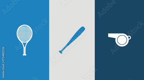 Set of sports equipment icons including tennis racket baseball bat and whistle simple flat vector design element isolated on white background