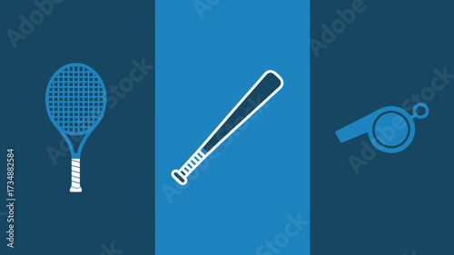 Sports equipment vector icons including a tennis racket baseball bat and whistle minimalist flat design for app and web design