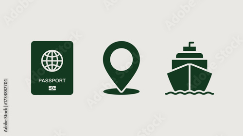Travel icon set in green featuring passport location pin and cruise ship perfect for tourism and vacation planning