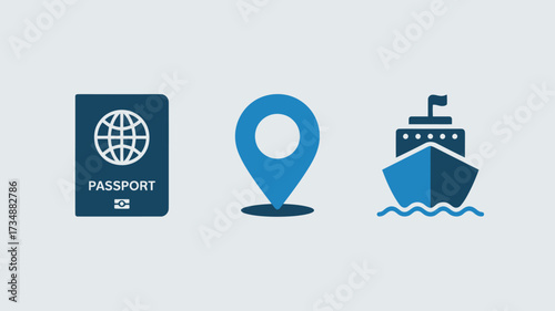 Passport location pin and cruise ship icons simple flat vector design for travel and tourism isolated on white background