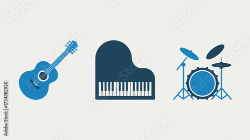 Set of musical instrument icons including guitar piano and drums simple flat vector design element for music apps and websites isolated on white background