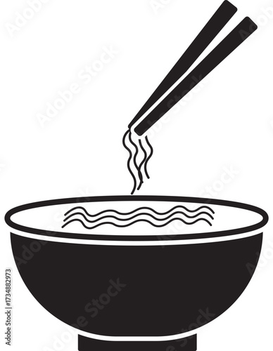 Vector icon of a hot noodle soup bowl with chopsticks