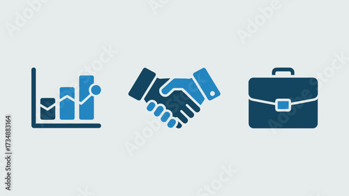 Set of business and finance icons including graph handshake and briefcase flat vector design for presentations and web use