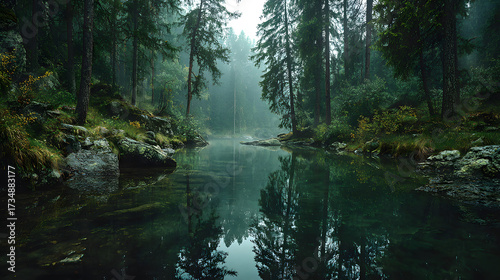 Enigmatic Green Forest with Foggy River Reflection