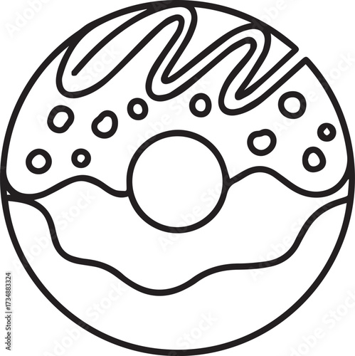 Delicious hand drawn donut outline with sprinkles and wavy icing perfect for sweet treat designs and bakery branding elements