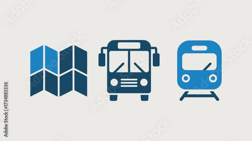 Set of public transportation icons simple flat vector design elements including a map bus and train isolated on white background