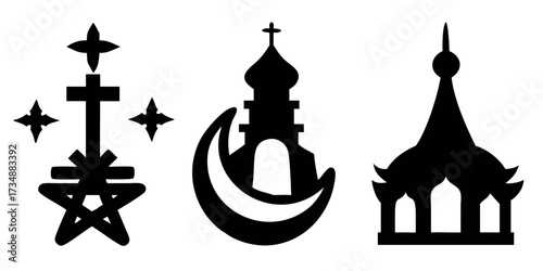 Vector Silhouette Set of Faith Symbols Cross Crescent with Star and Buddhist Stupa